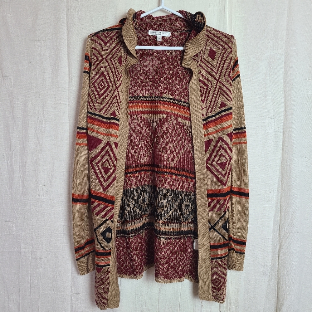 Say What? Women's M Open Cardigan Red Brown Southwestern Navajo Long Sleeves